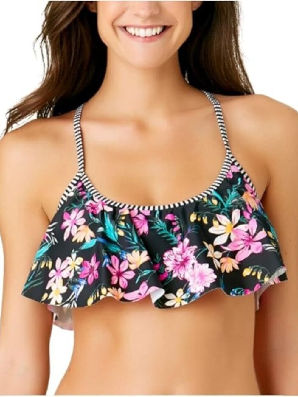 California Waves Black Floral Wildflower Flounce Bikini Top Swim Size S NEW